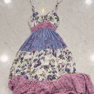 Angie Floral Backless Tiered Sundress in Pink, Blue & White